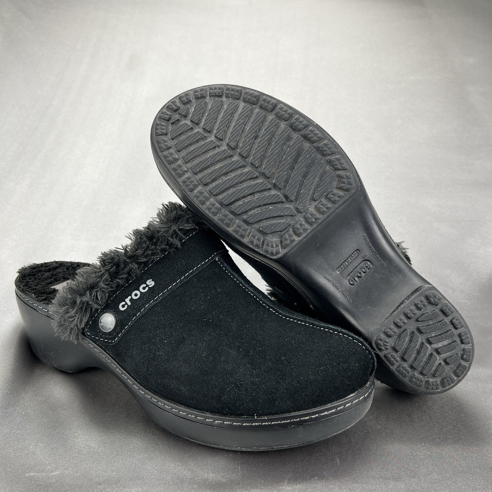 Crocs Cobbler Eva Clogs Women 11 Black Suede Faux Fur‎ Wedge Heel Mule Slip On
